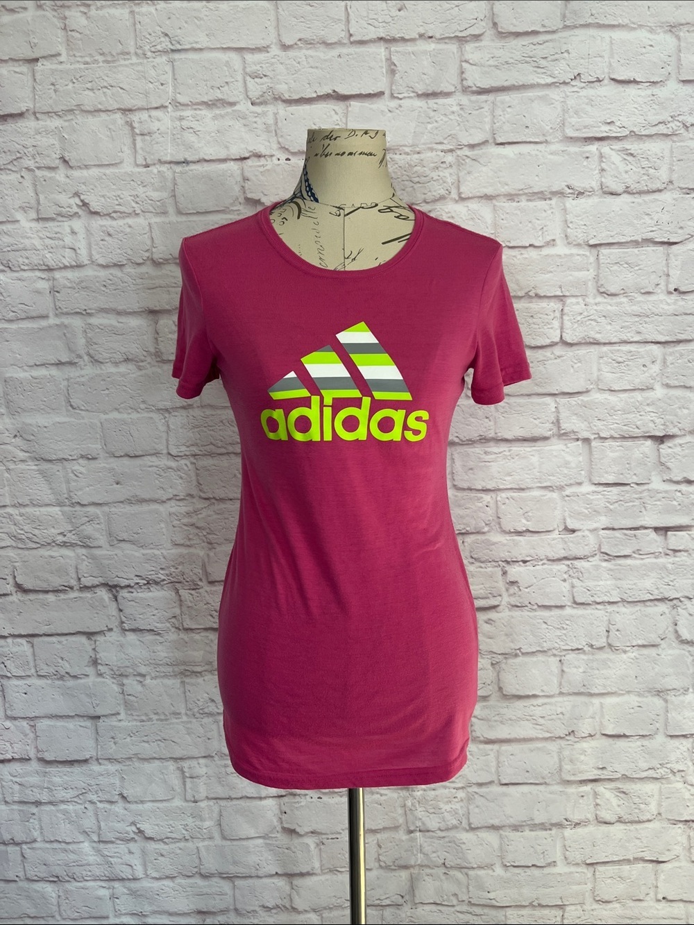 adidas Magenta Short-Sleeve Logo Tee with Neon Yellow Graphic